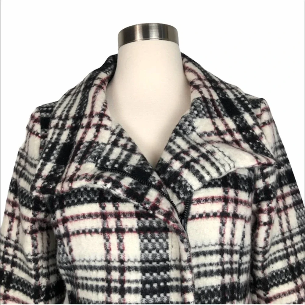 Soia & Kyo White Black & Red Plaid Preppy Moto Punk Designer Wool Coat Jacket XS